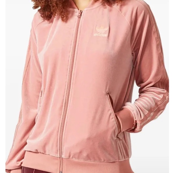 adidas Jackets & Blazers - Adidas Velvet Velour peachy Pink Track Jacket W sz Small, 3 stripes down arms